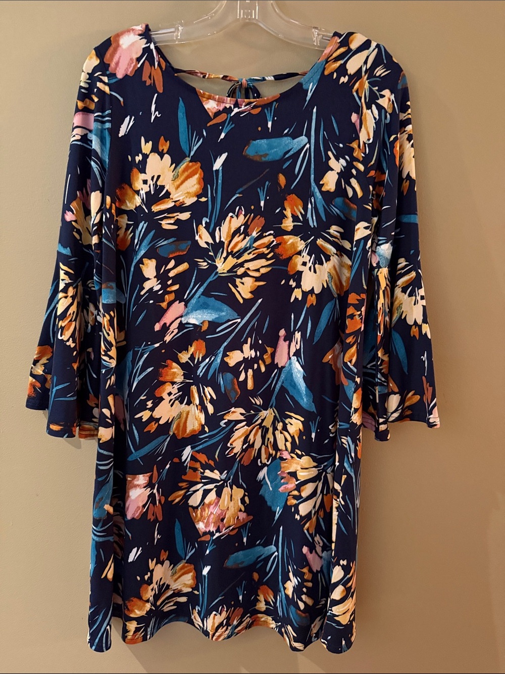 Navy Floral Midi Dress with Bell Sleeves